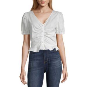 NWT Cotton Poplin V Neck Short Puffy Sleeve White Top M